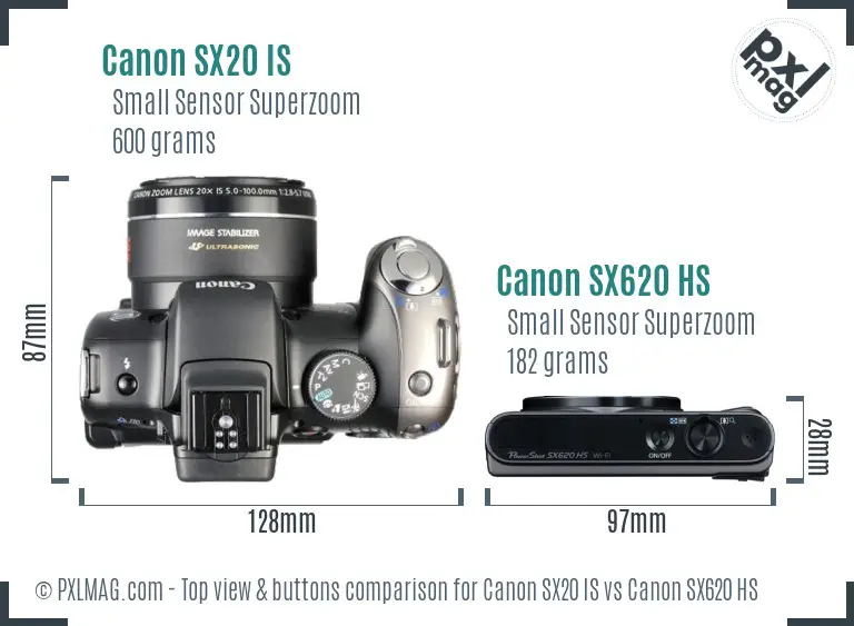 Canon SX20 IS vs Canon SX620 HS top view buttons comparison