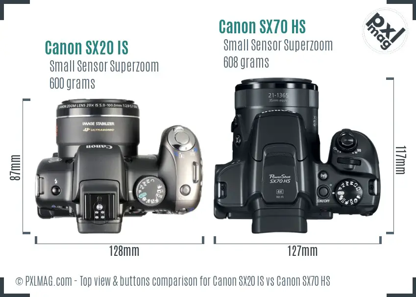 Canon SX20 IS vs Canon SX70 HS top view buttons comparison