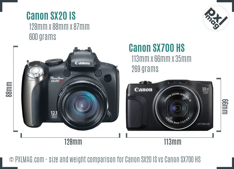 Canon SX20 IS vs Canon SX700 HS size comparison