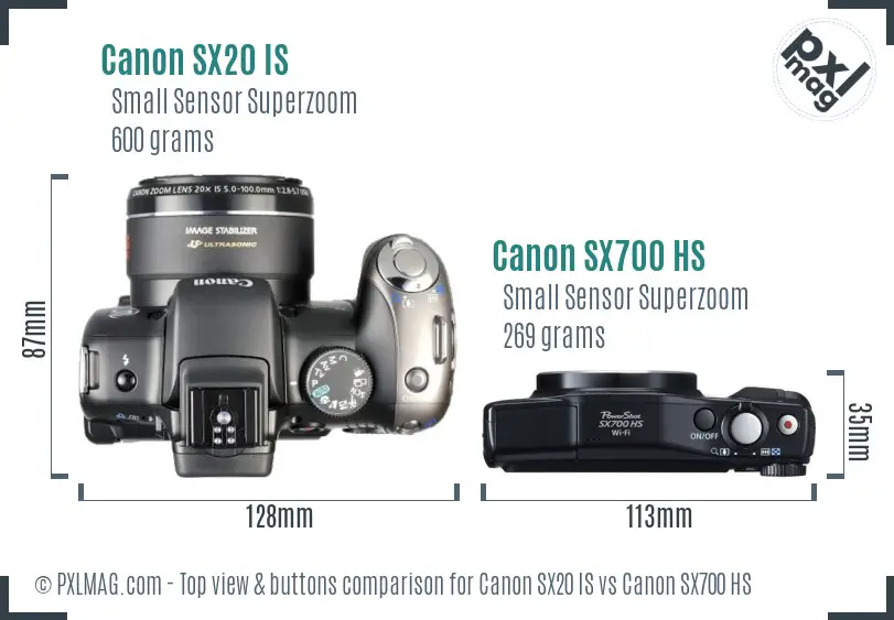 Canon SX20 IS vs Canon SX700 HS top view buttons comparison