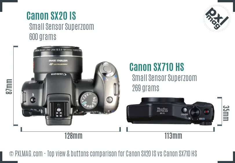 Canon SX20 IS vs Canon SX710 HS top view buttons comparison