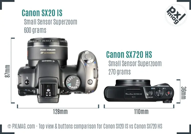 Canon SX20 IS vs Canon SX720 HS top view buttons comparison