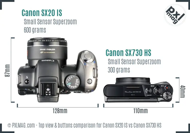 Canon SX20 IS vs Canon SX730 HS top view buttons comparison