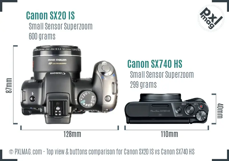 Canon SX20 IS vs Canon SX740 HS top view buttons comparison