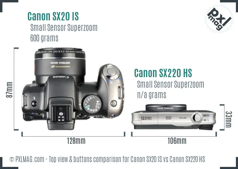 Canon SX20 IS vs Canon SX220 HS top view buttons comparison