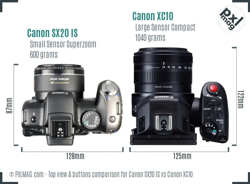 Canon SX20 IS vs Canon XC10 top view buttons comparison
