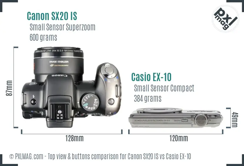 Canon SX20 IS vs Casio EX-10 top view buttons comparison Canon SX20 IS vs Casio EX-10 top view buttons comparison