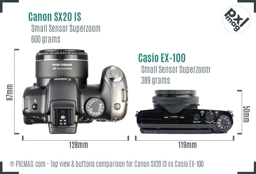 Canon SX20 IS vs Casio EX-100 top view buttons comparison Canon SX20 IS vs Casio EX-100 top view buttons comparison