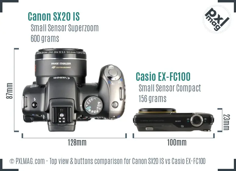 Canon SX20 IS vs Casio EX-FC100 top view buttons comparison Canon SX20 IS vs Casio EX-FC100 top view buttons comparison