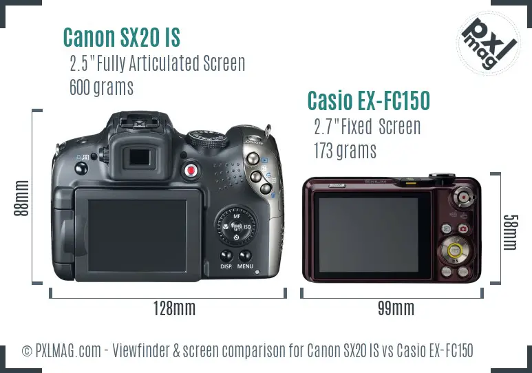 Canon SX20 IS vs Casio EX-FC150 Screen and Viewfinder comparison
