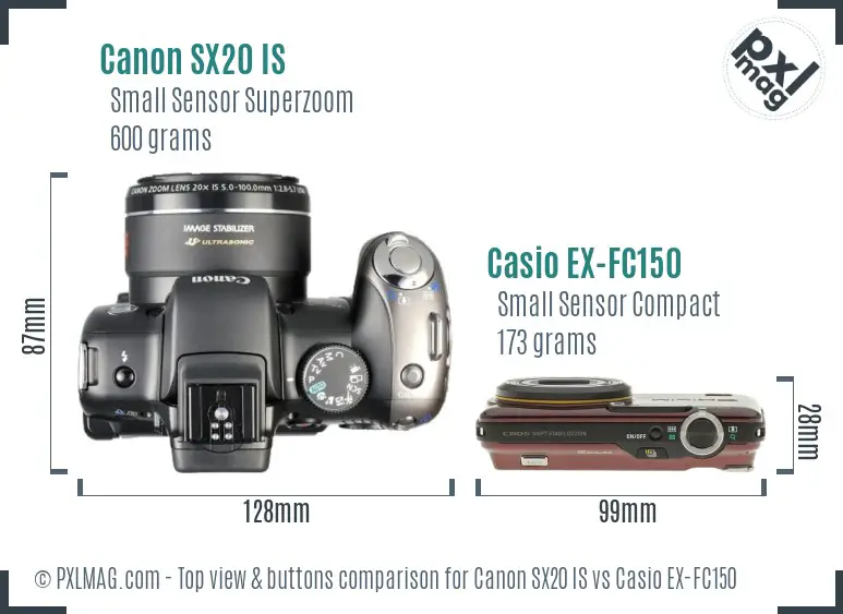 Canon SX20 IS vs Casio EX-FC150 top view buttons comparison