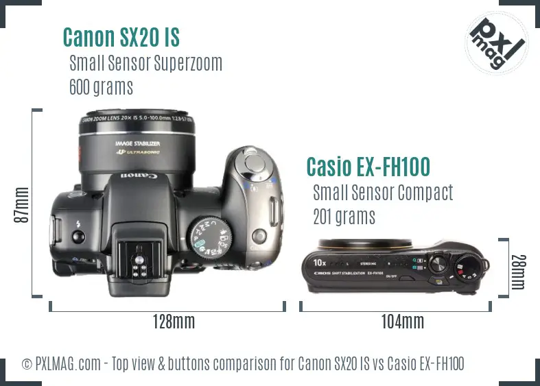 Canon SX20 IS vs Casio EX-FH100 top view buttons comparison