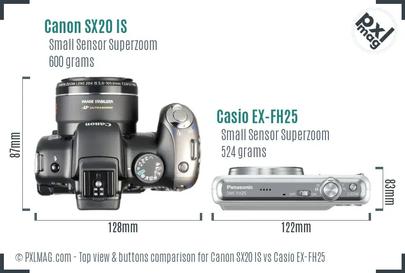 Canon SX20 IS vs Casio EX-FH25 top view buttons comparison