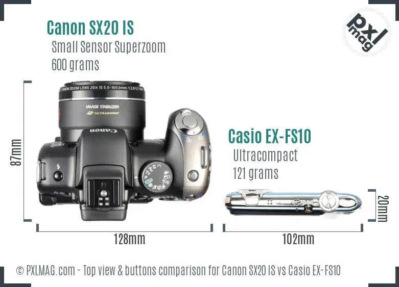 Canon SX20 IS vs Casio EX-FS10 top view buttons comparison