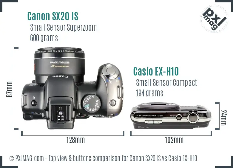 Canon SX20 IS vs Casio EX-H10 top view buttons comparison