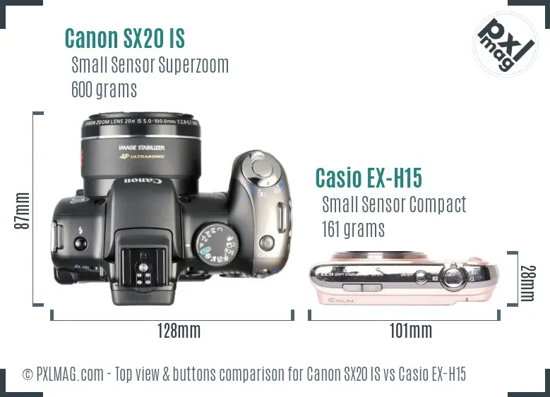 Canon SX20 IS vs Casio EX-H15 top view buttons comparison
