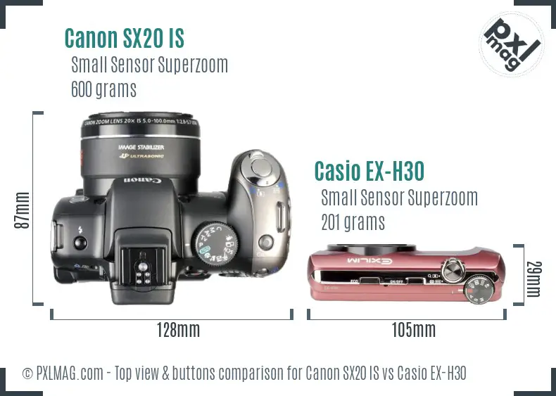 Canon SX20 IS vs Casio EX-H30 top view buttons comparison Canon SX20 IS vs Casio EX-H30 top view buttons comparison