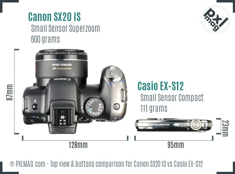 Canon SX20 IS vs Casio EX-S12 top view buttons comparison