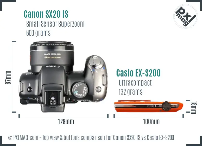 Canon SX20 IS vs Casio EX-S200 top view buttons comparison
