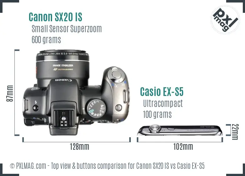 Canon SX20 IS vs Casio EX-S5 top view buttons comparison