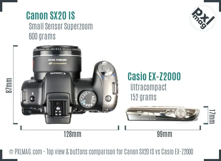 Canon SX20 IS vs Casio EX-Z2000 top view buttons comparison