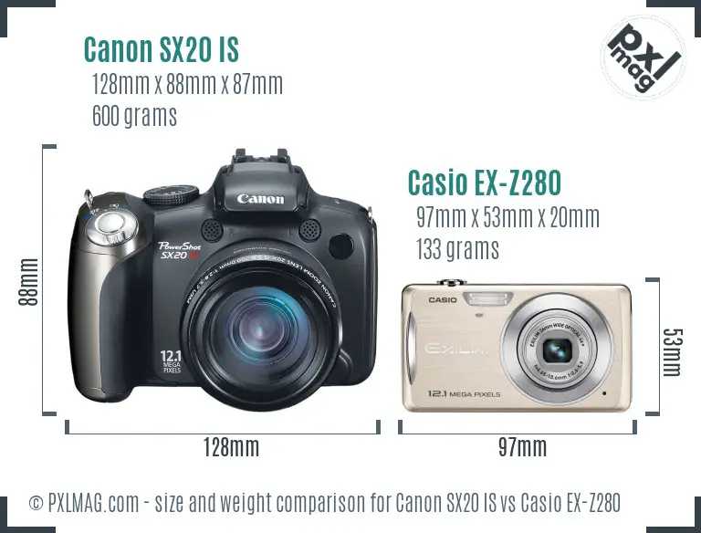 Canon SX20 IS vs Casio EX-Z280 size comparison Canon SX20 IS vs Casio EX-Z280 size comparison