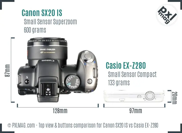 Canon SX20 IS vs Casio EX-Z280 top view buttons comparison Canon SX20 IS vs Casio EX-Z280 top view buttons comparison