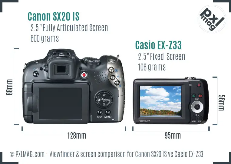 Canon SX20 IS vs Casio EX-Z33 Screen and Viewfinder comparison