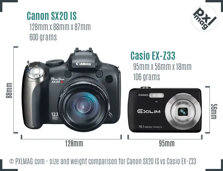 Canon SX20 IS vs Casio EX-Z33 size comparison