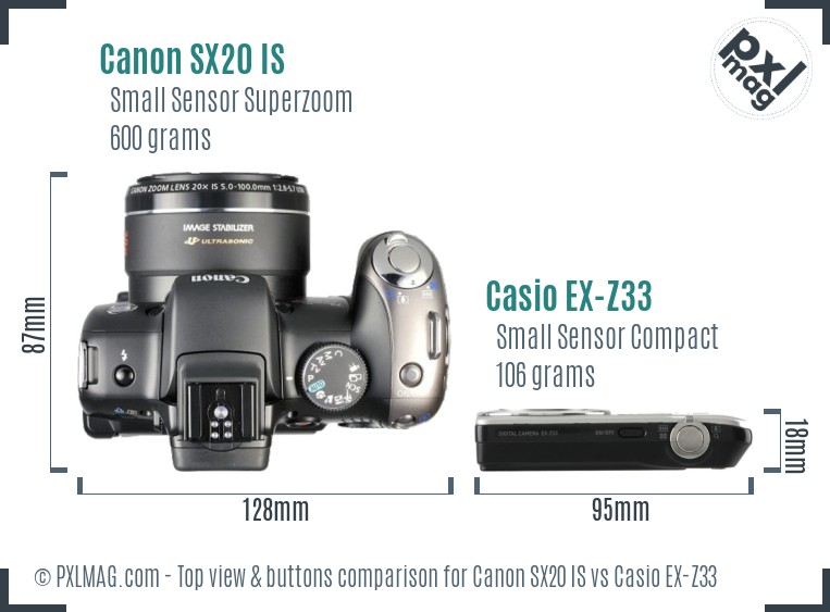 Canon SX20 IS vs Casio EX-Z33 top view buttons comparison