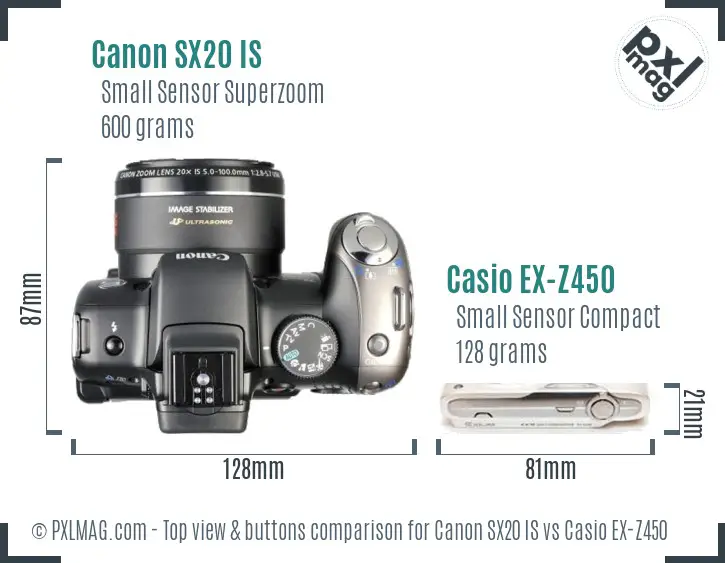 Canon SX20 IS vs Casio EX-Z450 top view buttons comparison