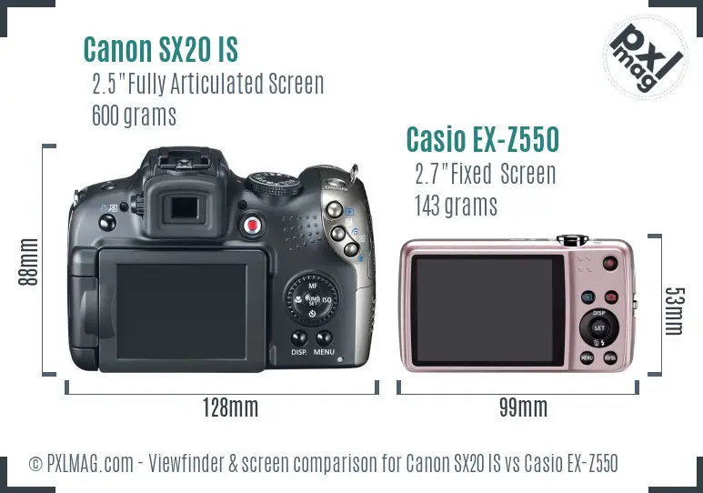 Canon SX20 IS vs Casio EX-Z550 Screen and Viewfinder comparison