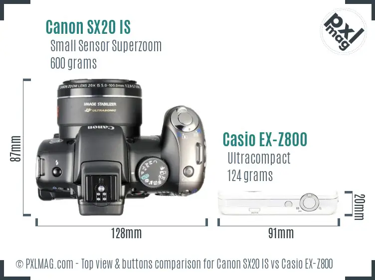 Canon SX20 IS vs Casio EX-Z800 top view buttons comparison