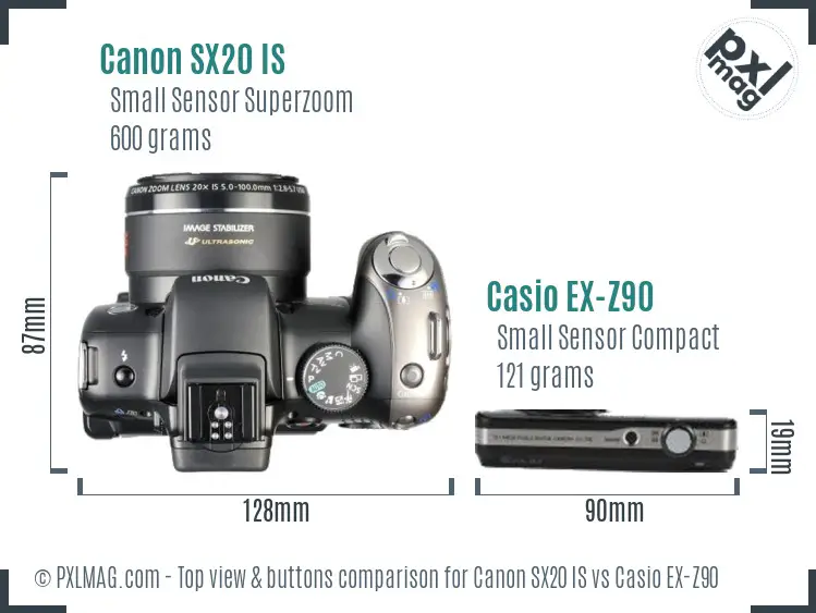 Canon SX20 IS vs Casio EX-Z90 top view buttons comparison Canon SX20 IS vs Casio EX-Z90 top view buttons comparison