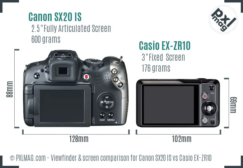 Canon SX20 IS vs Casio EX-ZR10 Screen and Viewfinder comparison