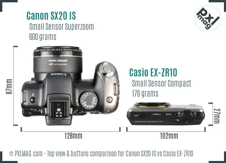 Canon SX20 IS vs Casio EX-ZR10 top view buttons comparison