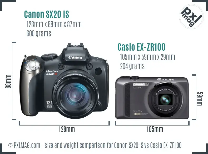 Canon SX20 IS vs Casio EX-ZR100 size comparison