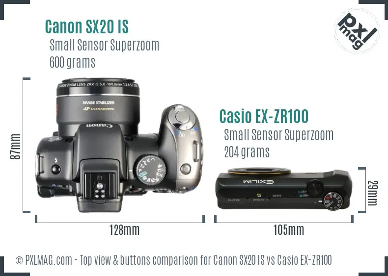 Canon SX20 IS vs Casio EX-ZR100 top view buttons comparison