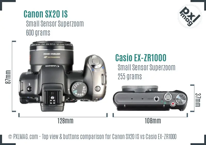 Canon SX20 IS vs Casio EX-ZR1000 top view buttons comparison