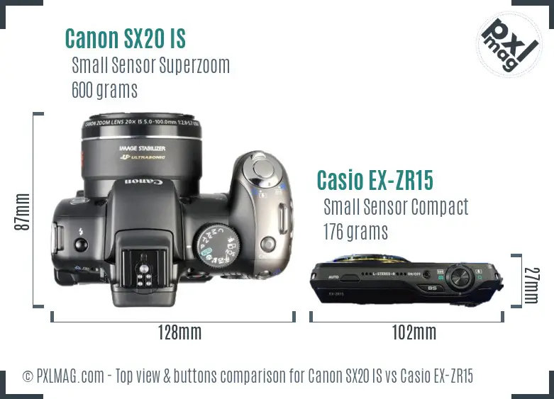Canon SX20 IS vs Casio EX-ZR15 top view buttons comparison