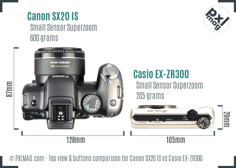 Canon SX20 IS vs Casio EX-ZR300 top view buttons comparison