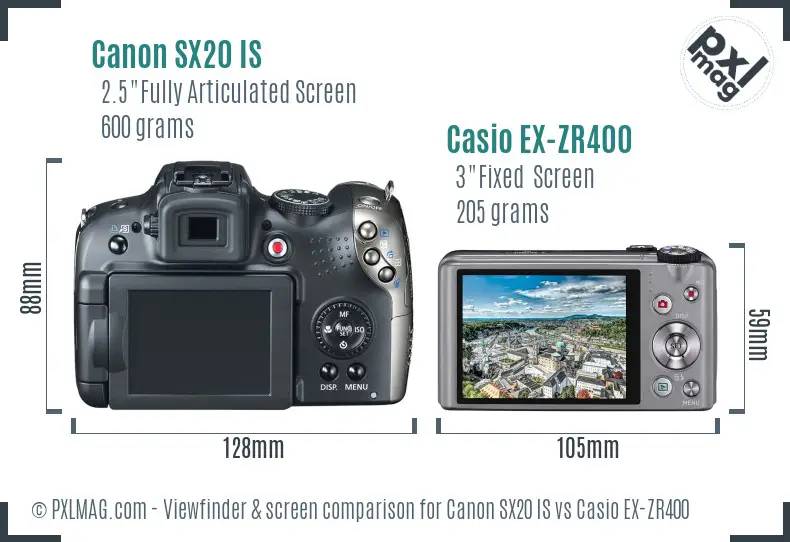Canon SX20 IS vs Casio EX-ZR400 Screen and Viewfinder comparison