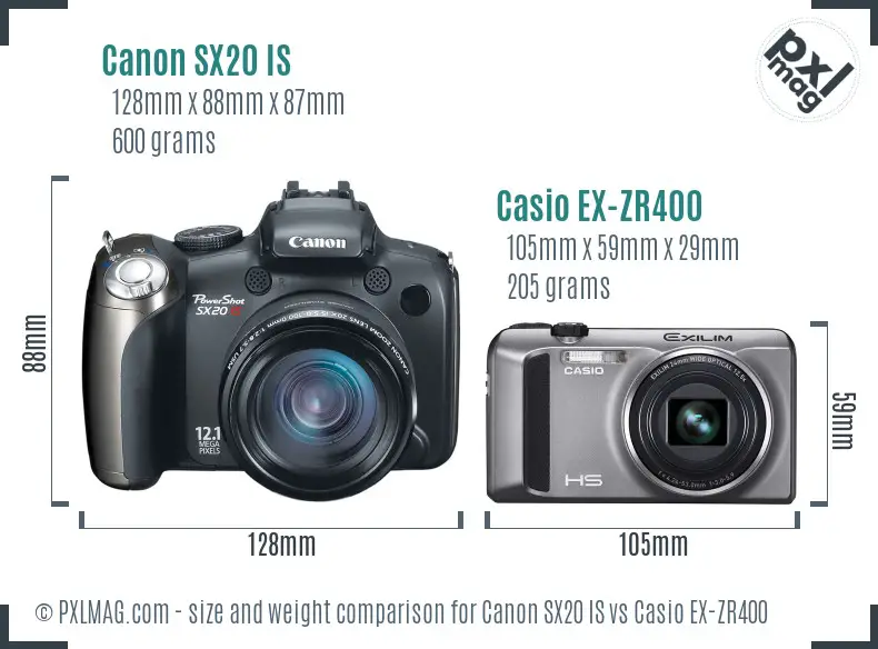 Canon SX20 IS vs Casio EX-ZR400 size comparison