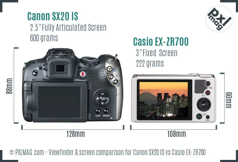 Canon SX20 IS vs Casio EX-ZR700 Screen and Viewfinder comparison