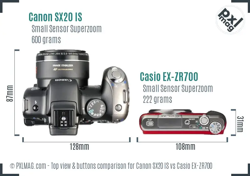 Canon SX20 IS vs Casio EX-ZR700 top view buttons comparison