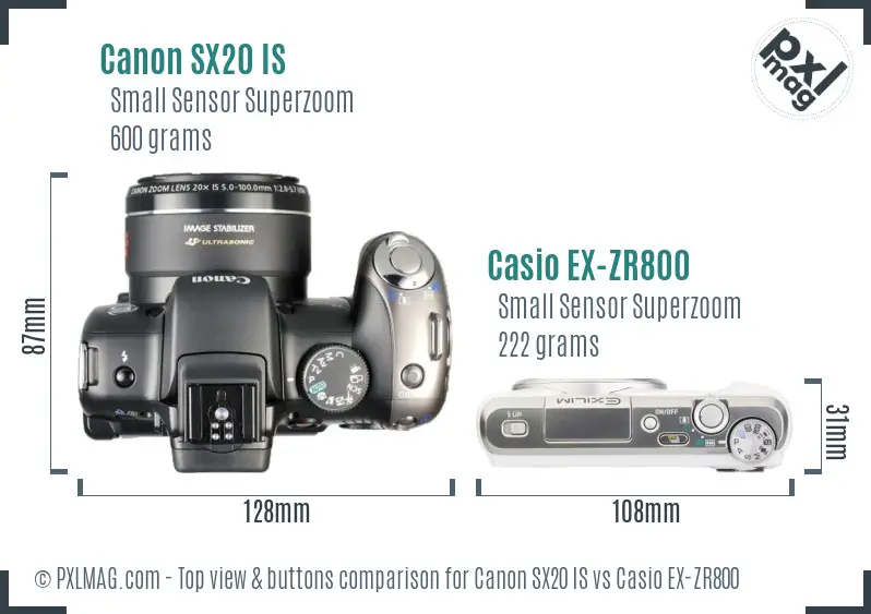 Canon SX20 IS vs Casio EX-ZR800 top view buttons comparison