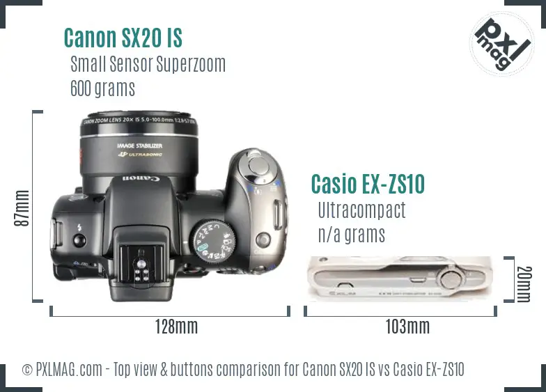 Canon SX20 IS vs Casio EX-ZS10 top view buttons comparison