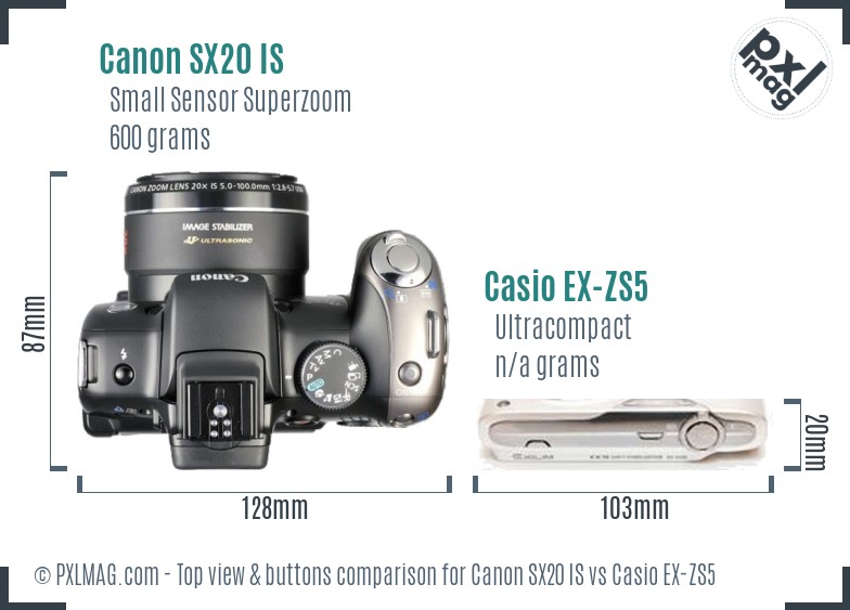 Canon SX20 IS vs Casio EX-ZS5 top view buttons comparison