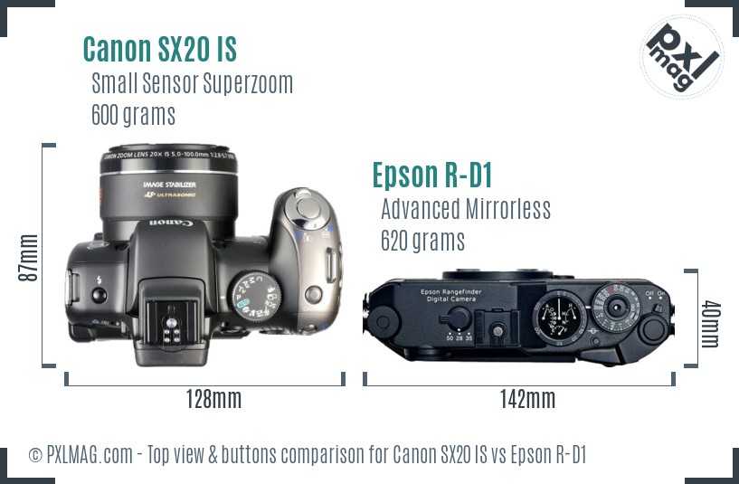 Canon SX20 IS vs Epson R-D1 top view buttons comparison