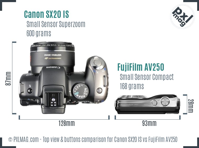 Canon SX20 IS vs FujiFilm AV250 top view buttons comparison